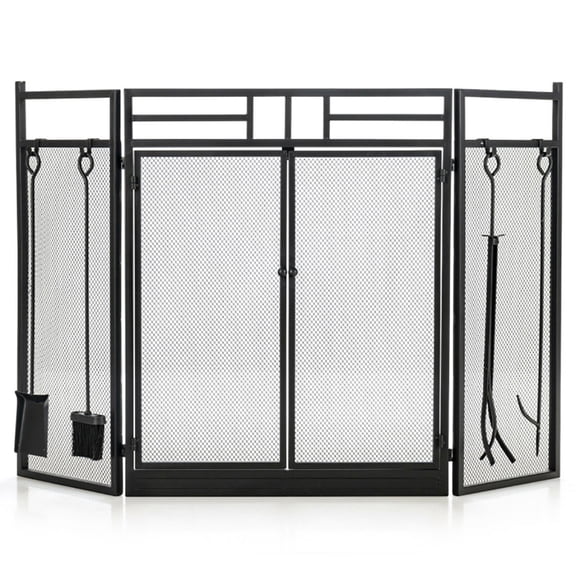 Demifill 3-Panel Wrought Iron Fireplace Screen, Folding Fireplace Screen with Doors and 4 Pieces Tools Set, 5-in-1 Fireplace Tools Set for Indoor, Black