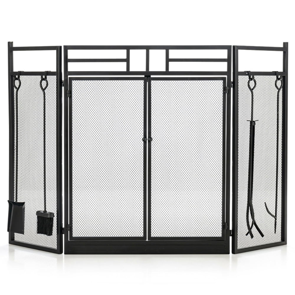 Demifill 3-Panel Wrought Iron Fireplace Screen, Folding Fireplace Screen with Doors and 4 Pieces Tools Set, 5-in-1 Fireplace Tools Set for Indoor, Black Demifill 3-Panel Wrought Iron Fireplace Screen, Folding Fireplace Screen with Doors and 4 Pieces Tools Set, 5-in-1 Fireplace Tools Set for Indoor, Black
