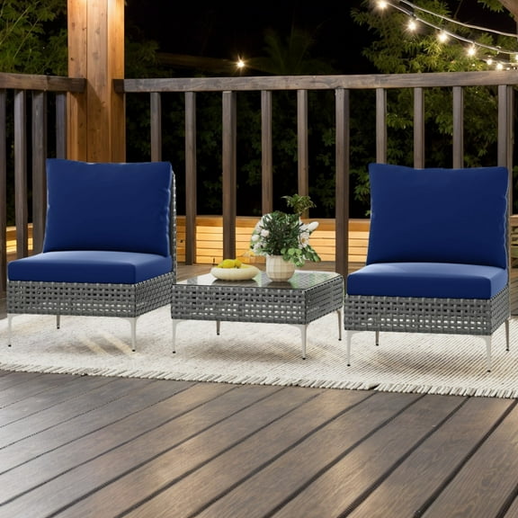 Demifill 3 Pieces PE Rattan Conversation Chairs, Patio Conversation Set with Tempered Glass Coffee Table for Outdoor as Garden, Backyard, Porch, Navy