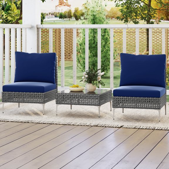 Demifill 3 Pieces PE Rattan Conversation Chairs, Patio Conversation Set with Tempered Glass Coffee Table for Outdoor as Garden, Backyard, Porch, Navy