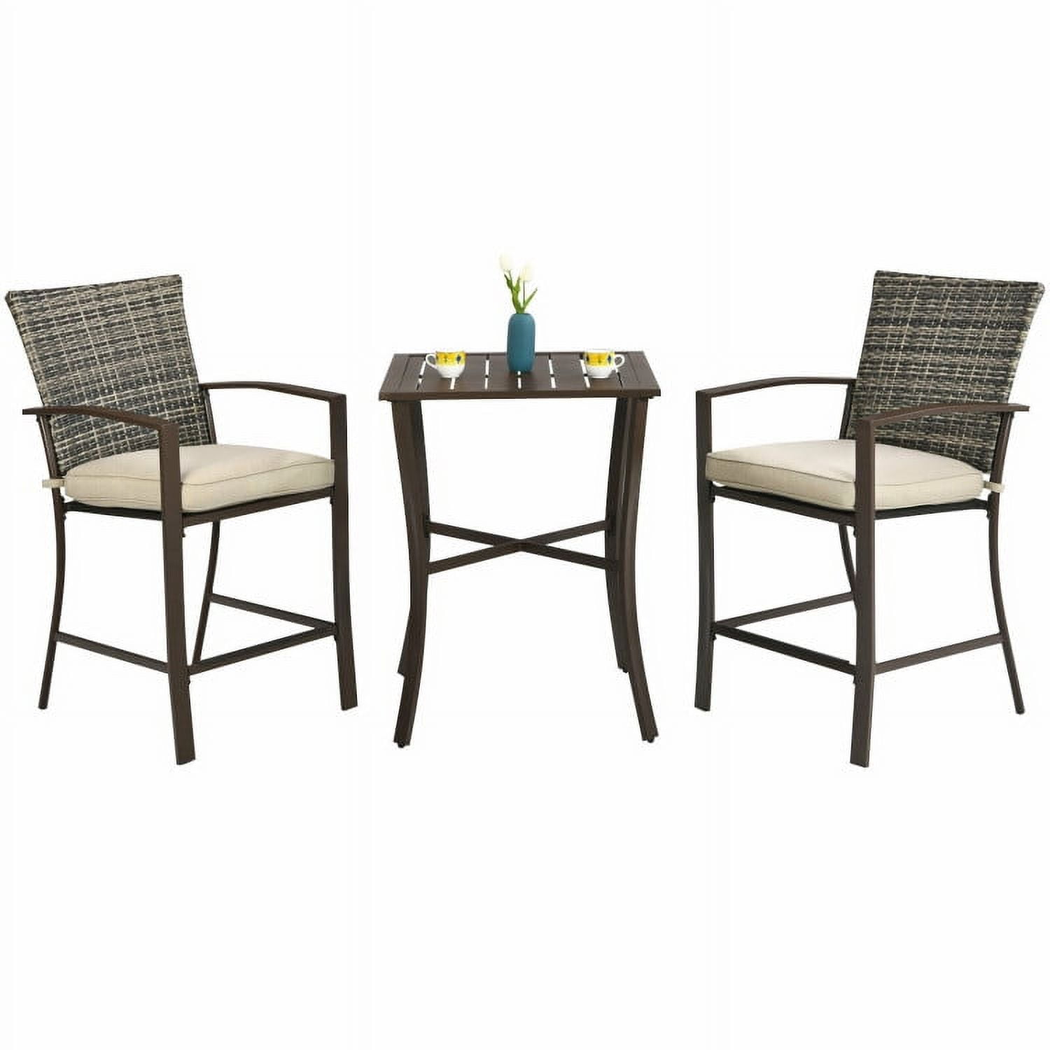 Brown Rattan and Steel 2-Person Patio Bar Set with Cushioned Stools