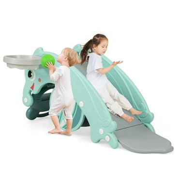 Demifill 3-in-1 Kids Slide Rocking Horse Set, Convertible Toddler Slide with Basketball Hoop, Easy Set Up Playset for Indoor Outdoor Backyard, Safe Toy for kids, Green