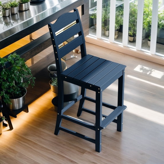 Demifill 30 Inches Counter Height HDPE Bar Stool, Bar Stool with Backrest and Footrest for Outdoor as Garden, Backyard, Porch, Navy