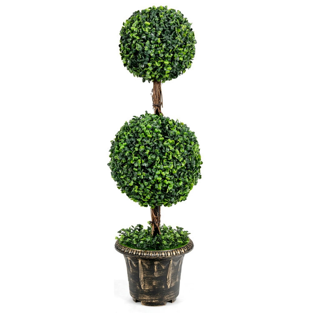 36'' Green Plastic Double Ball Topiary in Cement Pot