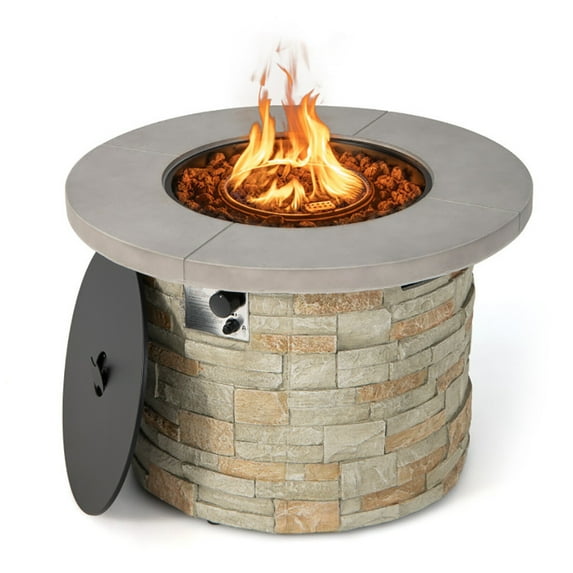 Demifill 36 Inch Propane Gas Fire Pit Table with Lava Rock and PVC Cover, 50,000 BTU Propane Gas Fire Pit Table, Round Double-Use Fire Pit Table for Outdoor, Gray