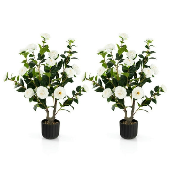 Demifill 38 inch Artificial Camellia Tree, 2-Pack Faux Flower Plant in Cement Pot, Artificial Plant Faux Flower Plant for Indoor and Outdoor as Living Room, Garden, White
