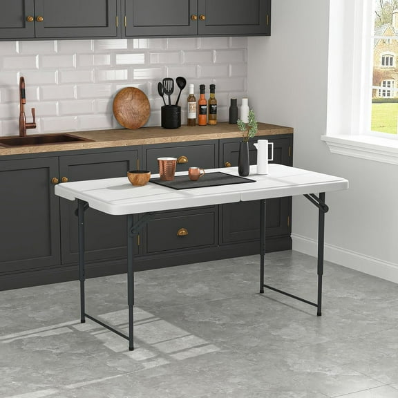 Demifill 4 Ft Plastic Foldable Table, Portable Table with Handle and Lock, Heavy Duty Table for Outdoor as Garden, Yard Use, White