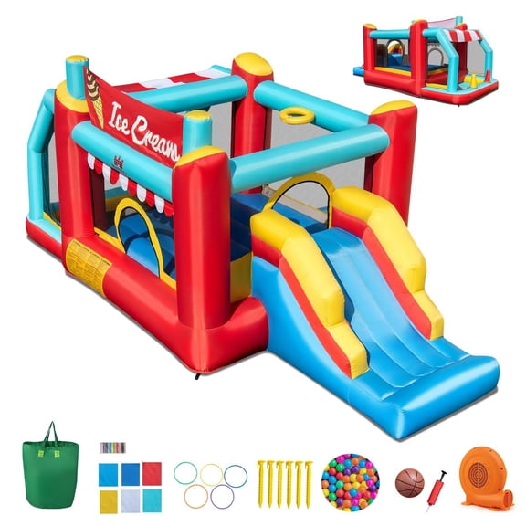 Demifill 5-In-1 Ice Cream Inflatable Bounce House, Safety Mesh, Multi-Sport Play, 520W Blower, Red