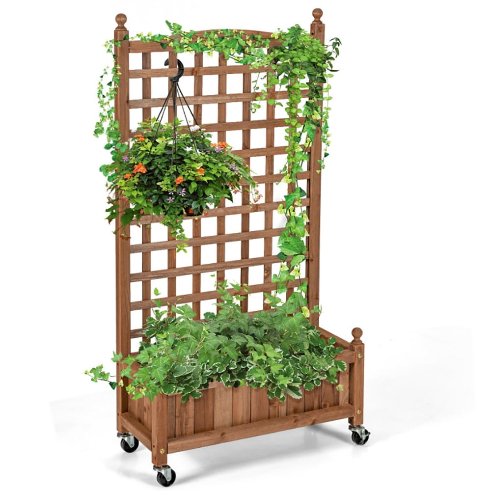 Demifill 50 Inch Wood Planter Box with Trellis Mobile Raised Bed ...