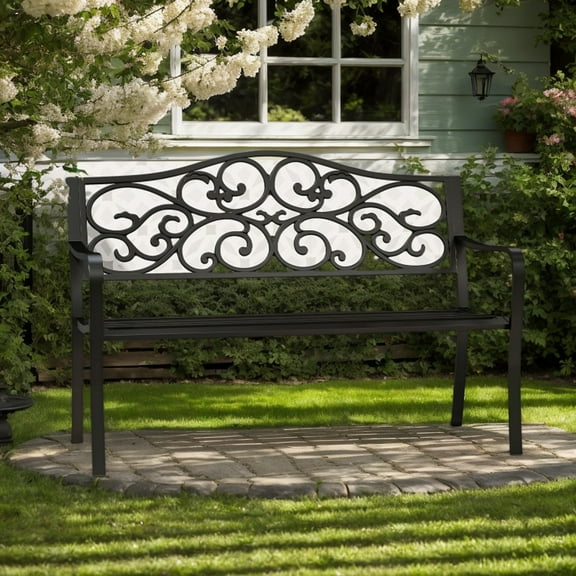 Demifill 50 Inches Outdoor Cast Iron Metal Patio Bench, Bench with Floral Design Backrest and Slatted Seat for Outdoor as Garden, Backyard, Porch, Black