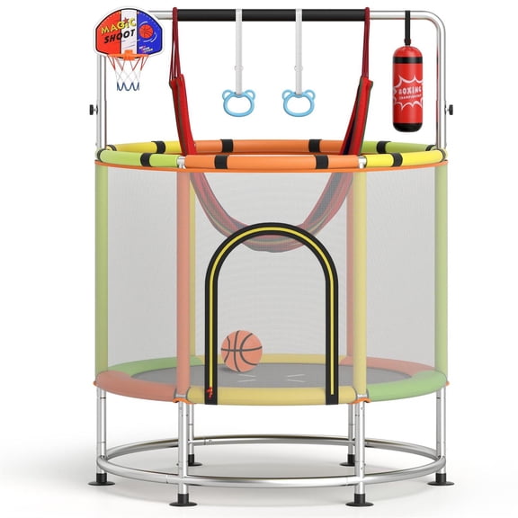 Demifill 55" Trampoline, Detachable Gym Bar, 360 Safety Net, 6 Play Modes, Green