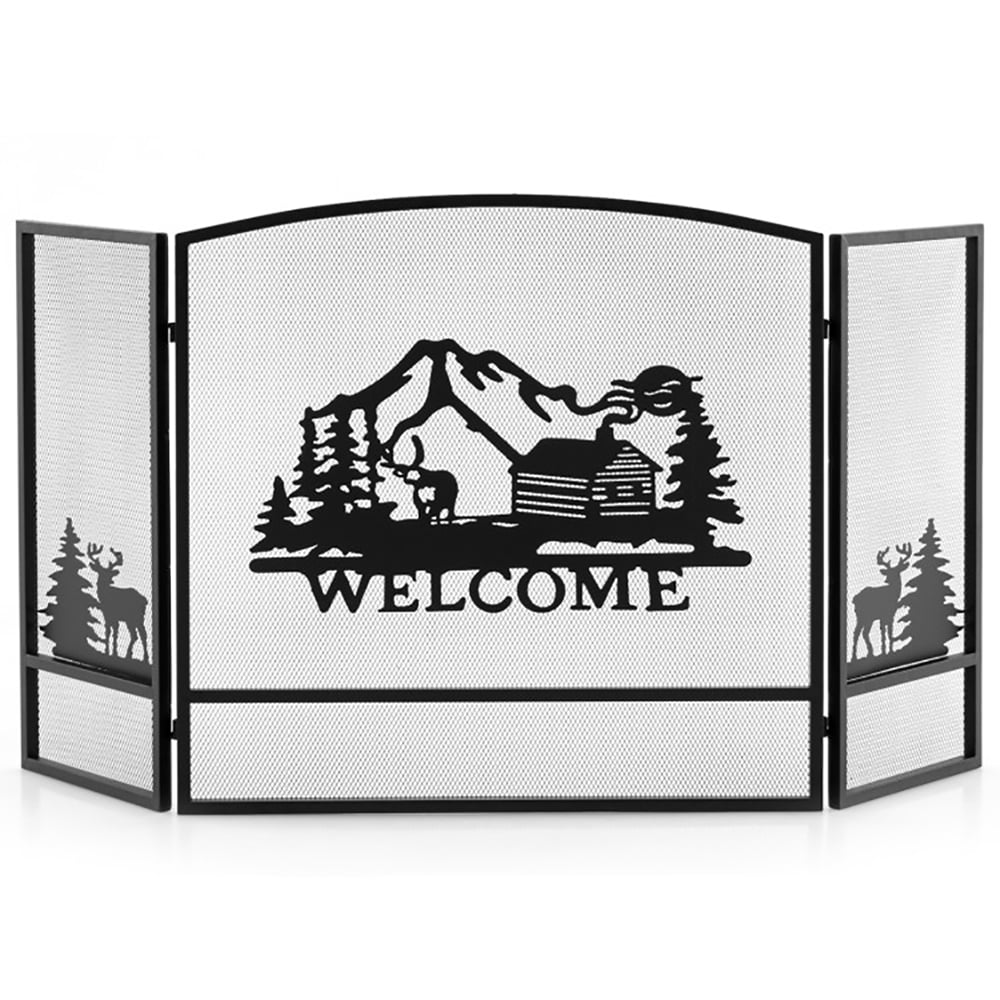 Demifill 55 x 29.5 Inch Fireplace Screen with Natural Scenery and Moose Pattern, Fireplace Screen with High-Density Metal Mesh, Foldable Fireplace Fence for Indoor, Black