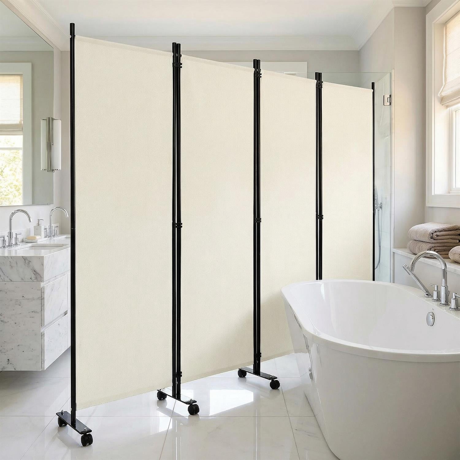 Demifill 6 FT Rolling Privacy Screen with Lockable Wheels, 4 Panels Folding Room Divider, Room Divider for Indoor as Home, Office, Living Room, White
