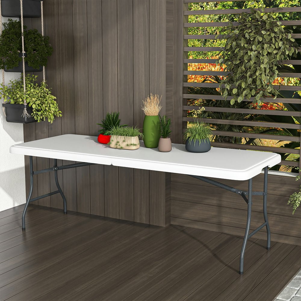 Demifill 6 Ft Plastic Foldable Plastic Table with Lock and Handle, Portable Picnic Table for Outdoor as Garden, Yard Use, White Demifill 6 Ft Plastic Foldable Plastic Table with Lock and Handle, Portable Picnic Table for Outdoor as Garden, Yard Use, White