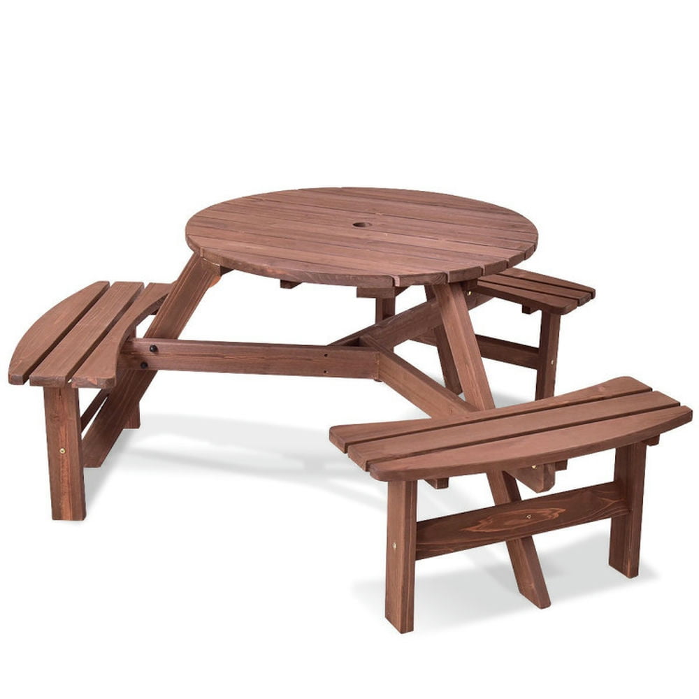 Demifill 6 Person Wooden Picnic Table Set with Bench and Umbrella Hold, Outdoor Picnic Table with 3 Built-In Benches, Picnic Table Set for Outdoor as Patio, Garden, Poolside, Backyard, Dark Brown Demifill 6 Person Wooden Picnic Table Set with Bench and Umbrella Hold, Outdoor Picnic Table with 3 Built-In Benches, Picnic Table Set for Outdoor as Patio, Garden, Poolside, Backyard, Dark Brown