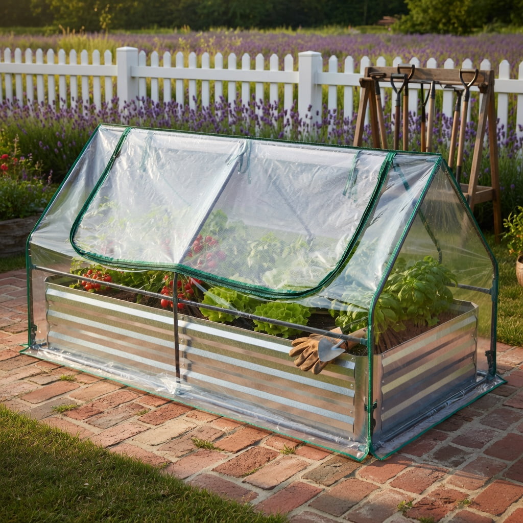 Demifill 6 x 3 x 3 Feet Galvanized Raised Garden Bed with Greenhouse, Greenhouse with PVC Cover and 2-Tier Windows, Clear