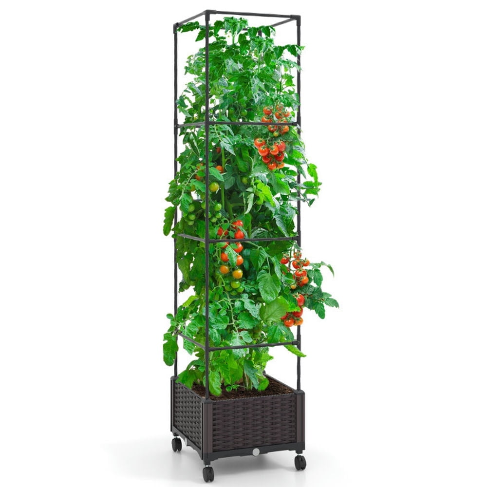 Demifill 67 Inches Raised Garden Bed with Planter Box and Trellis, 2-in-1 Functionality and Expandable Garden Bed, Brown