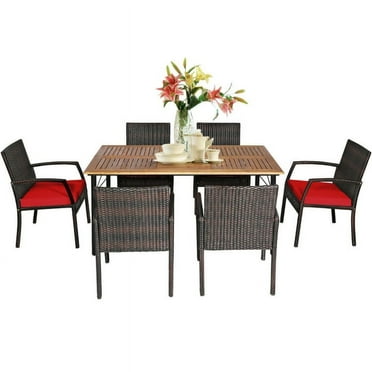 Demifill 7Pcs Patio Rattan Cushioned Dining Set with Umbrella Hole, Patio Dining Set with 6 Sturdy and Portable Armchairs and A Table, Dining Set for Outdoor, Red