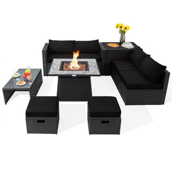 Demifill 9 Pieces Outdoor Wicker Sectional with 35 Inch Gas Fire Pit Table, Sectional Sofa Set With Sun-Protective Black PE Rattan and Heavy Duty Steel Frame, PE Rattan Sofa Set for Outdoor, Black