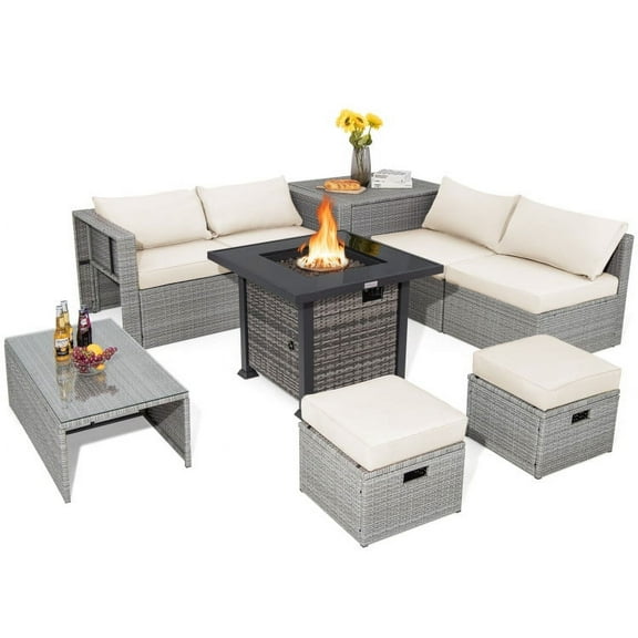 Demifill 9 Pieces Patio Furniture Set with 32-Inch Propane Fire Pit Table, Patio Sofa Set with Waterproof Cover and Removable Cushion, Conversation Set for Outdoor, Off White