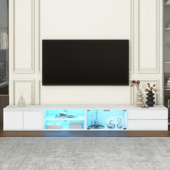 Demifill APP Controlled LED TV Stand for TVs Up to 105'', Faux Marble Tabletop Media Console with Tempered Glass Doors, Entertainment Center with 2 Drawers & Cabinets for Indoor, White