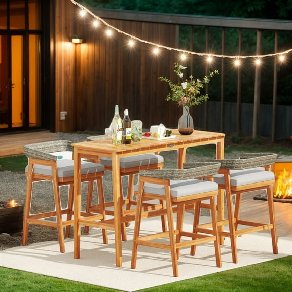 Demifill Acacia Wood Counter Height Table, Patio Bar Furniture with Slatted Tabletop and Footrest Crossbar for Outdoor as Garden, Backyard, Porch, Brown