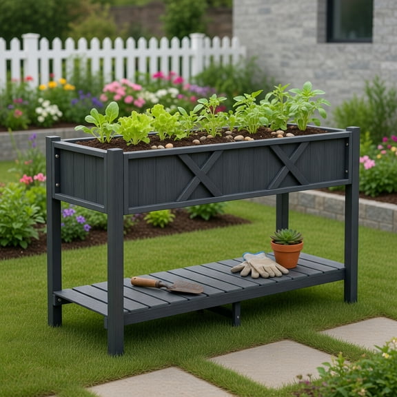 Demifill Elevated Wooden Look Planter Box with Storage Shelf & Drainage Holes Heavy Duty HIPS Raised Garden Bed for Flowers Herbs Vegetables, Coffee