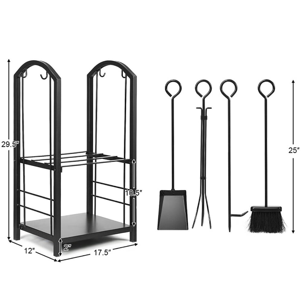 Bronze Wrought Iron Fireplace Log Rack with Tools Set