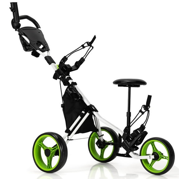 Demifill Golf Push Cart, 3 Wheels Folding Golf Push Cart with Seat Scoreboard and Adjustable Handle, Green