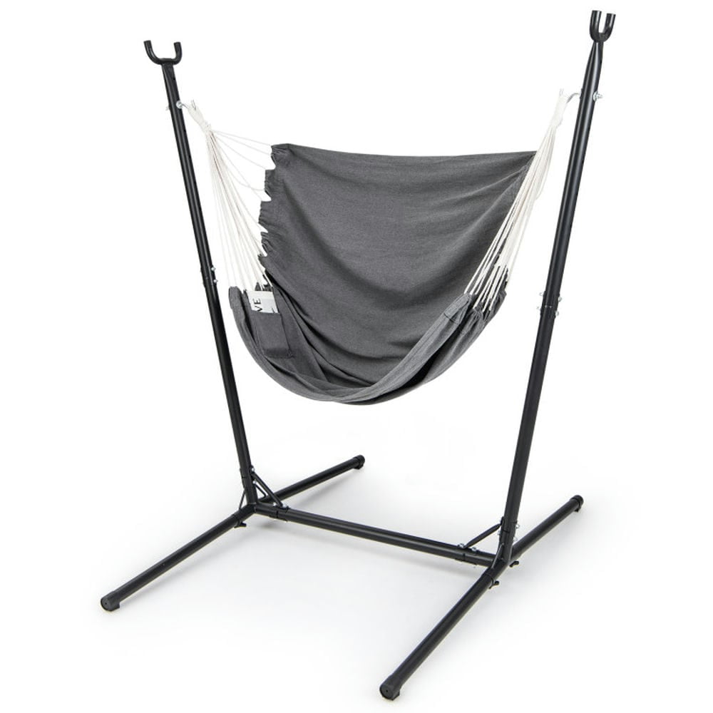 Demifill Hammock Chair with Stand 6-Position Adjustable Height and Side Pocket, Hammock Patio Furniture, Gray