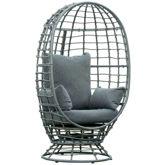Demifill Handwoven All-Weather PE Rattan Wicker Egg Chair with Steel Frame, 360 Rotating Boho Basket Seat with Cushion and Pillows for Balcony, Yard, Garden, Gray