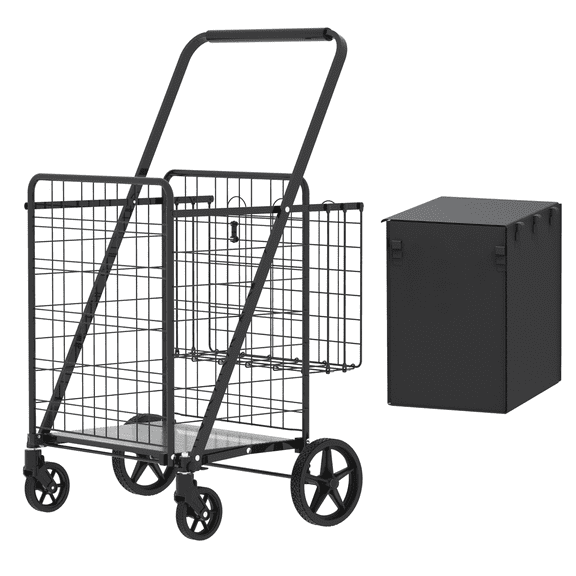 Demifill Large Shopping Cart,Grocery Cart on Wheels, Foldable Utility Shopping Carts with Double Basket and 360° Rolling Swivel Wheels for Garden, Yard, Black