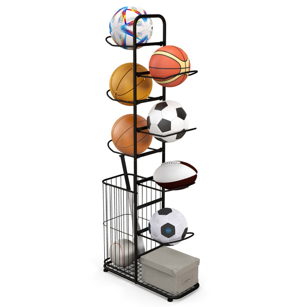 Demifill Metal Basketball Holder with 7 Removable Hanging Rods and Side Ball Basket, Sports Equipment Organizer with Adjustable Foot Pads, Sports Organizer for Garage, Black Demifill Metal Basketball Holder with 7 Removable Hanging Rods and Side Ball Basket, Sports Equipment Organizer with Adjustable Foot Pads, Sports Organizer for Garage, Black