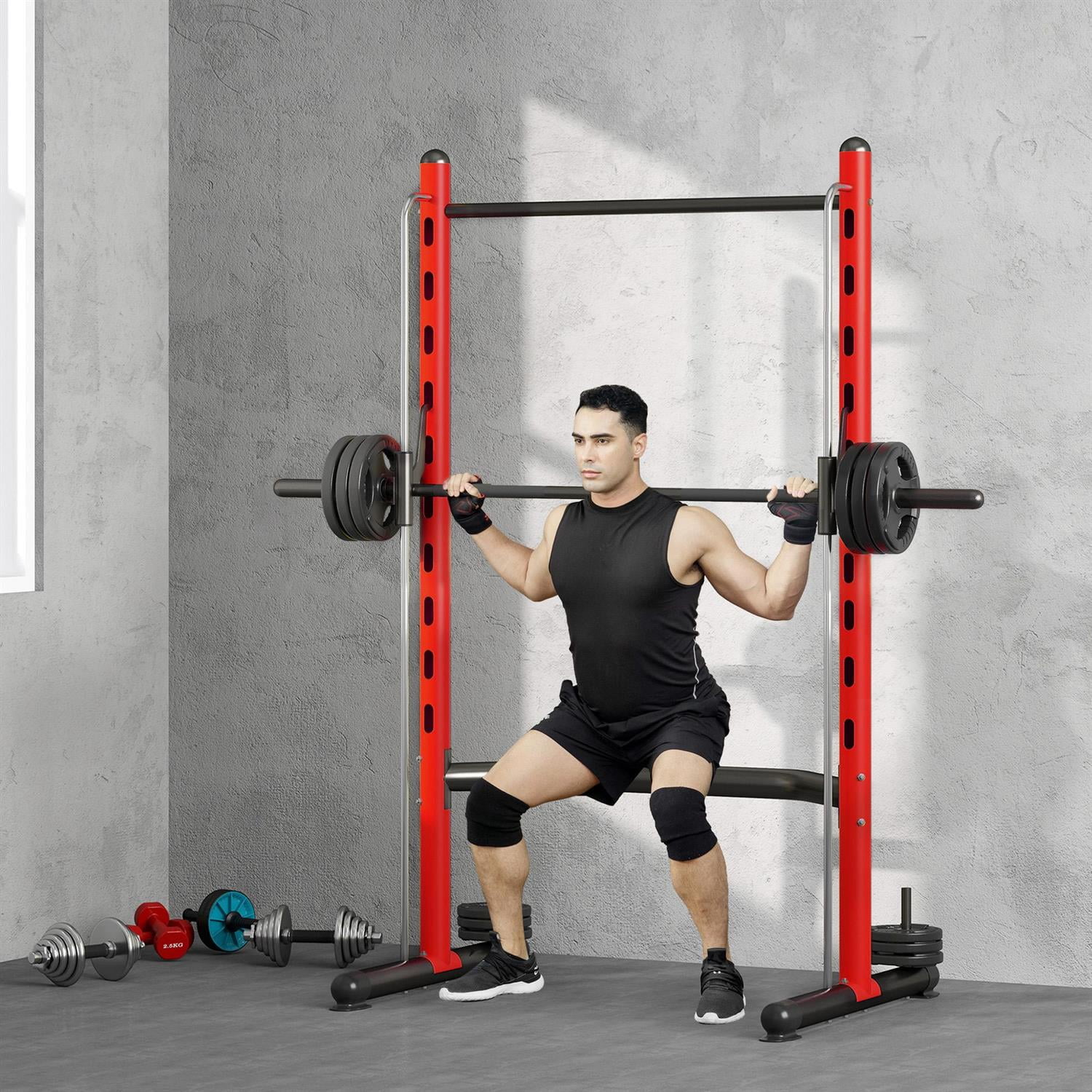 Demifill Multi-Function Weight Lifting Half Rack - Red, Squat Rack with Pull-Up Bar & Barbell, Adjustable Bench Press Compatible