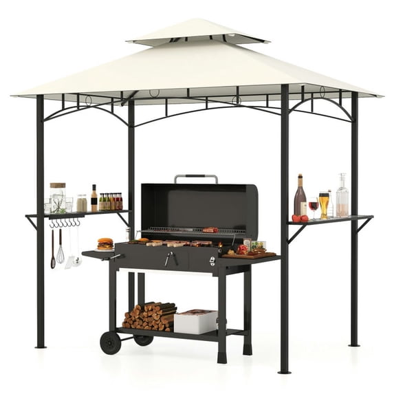 Demifill Outdoor Double-Tiered Grill Shelter Canopy with 2 Shelves and 7 Hooks, Grill Shelter for Outdoor, Beige