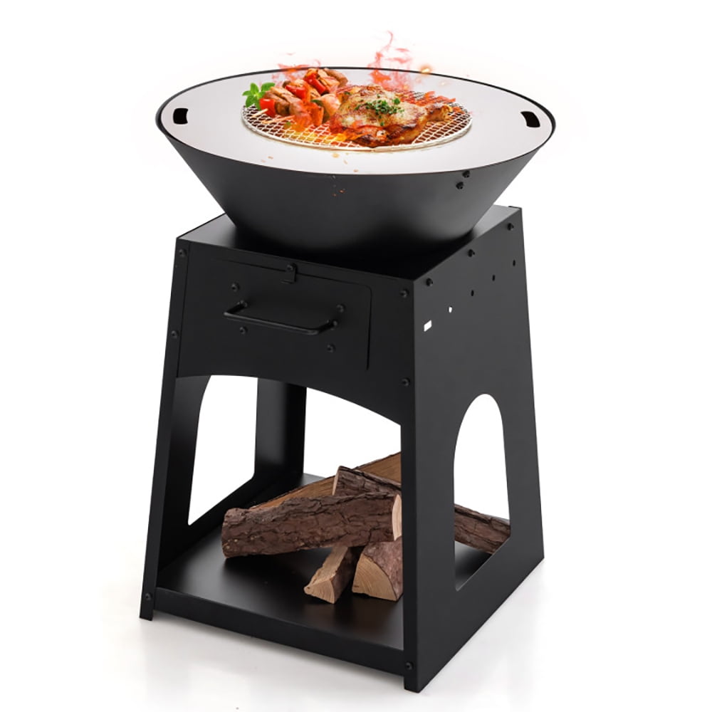 Black Galvanized Metal Outdoor Fire Pit with Grill and Log Rack