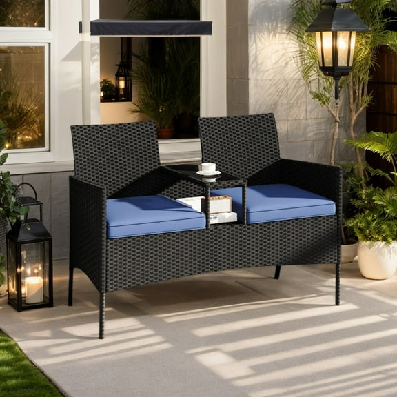 Demifill Patio Loveseat with Built-in Table, Patio Conversation Set for Outdoor as Garden, Backyard, Porch, Navy