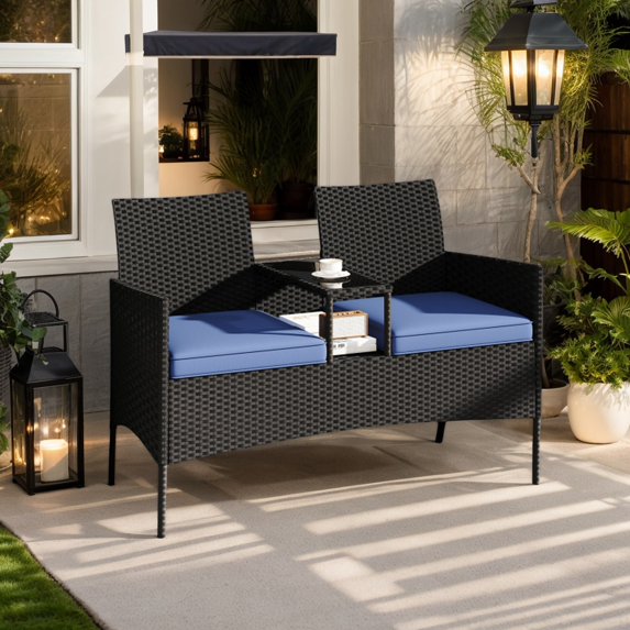 Demifill Patio Loveseat with Built-in Table, Patio Conversation Set for Outdoor as Garden, Backyard, Porch, Navy