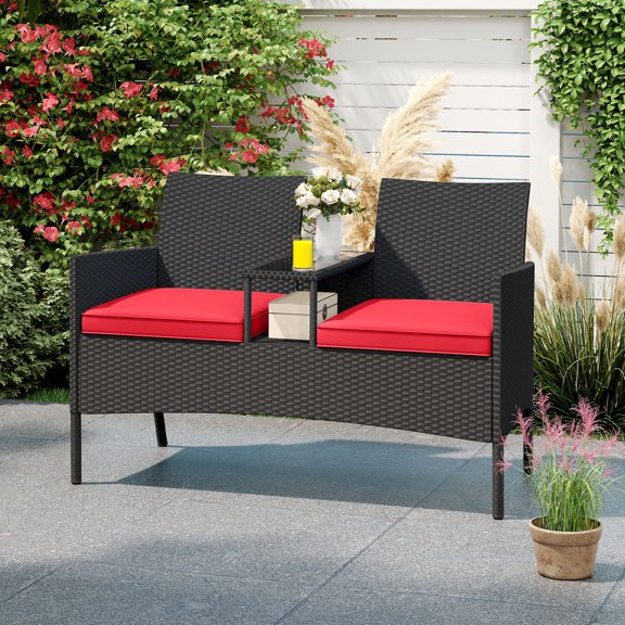 Demifill Patio Loveseat with Built-in Table, Patio Conversation Set for Outdoor as Garden, Backyard, Porch, Red