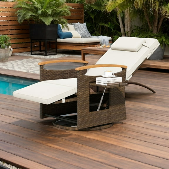 Demifill Patio Rattan 360° Swivel Recliner Chair, Recliner Chair with Adjustable Backrest and Footrest for Outdoor as Garden, Backyard, Porch, White