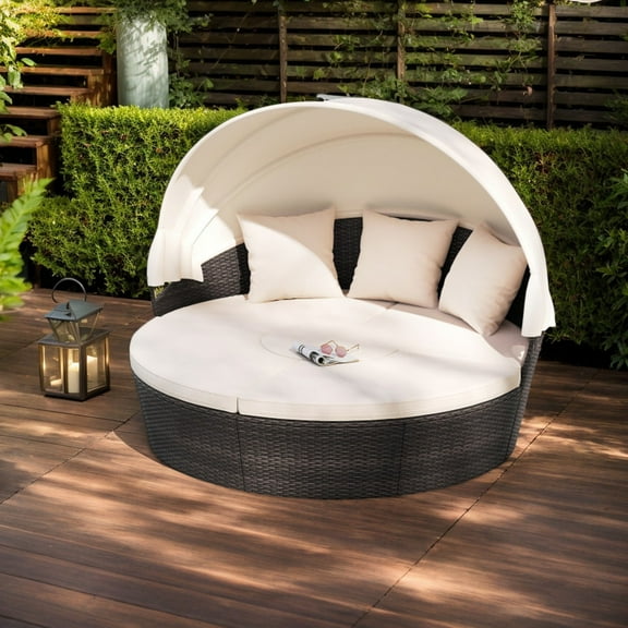Demifill Patio Round Daybed with Retractable Canopy for Patio, Garden, Backyard, Outdoor Sectionals, White