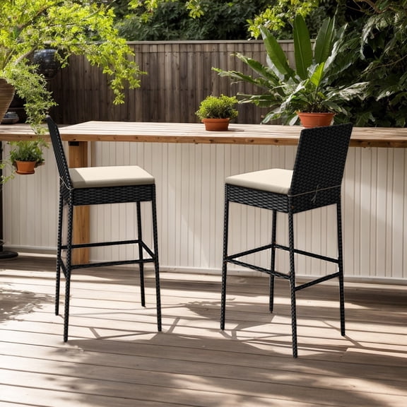 Demifill Patio Wicker Barstools Set of 2, Bar Furniture with Footrest and Backrest for Outdoor as Garden, Backyard, Porch, White