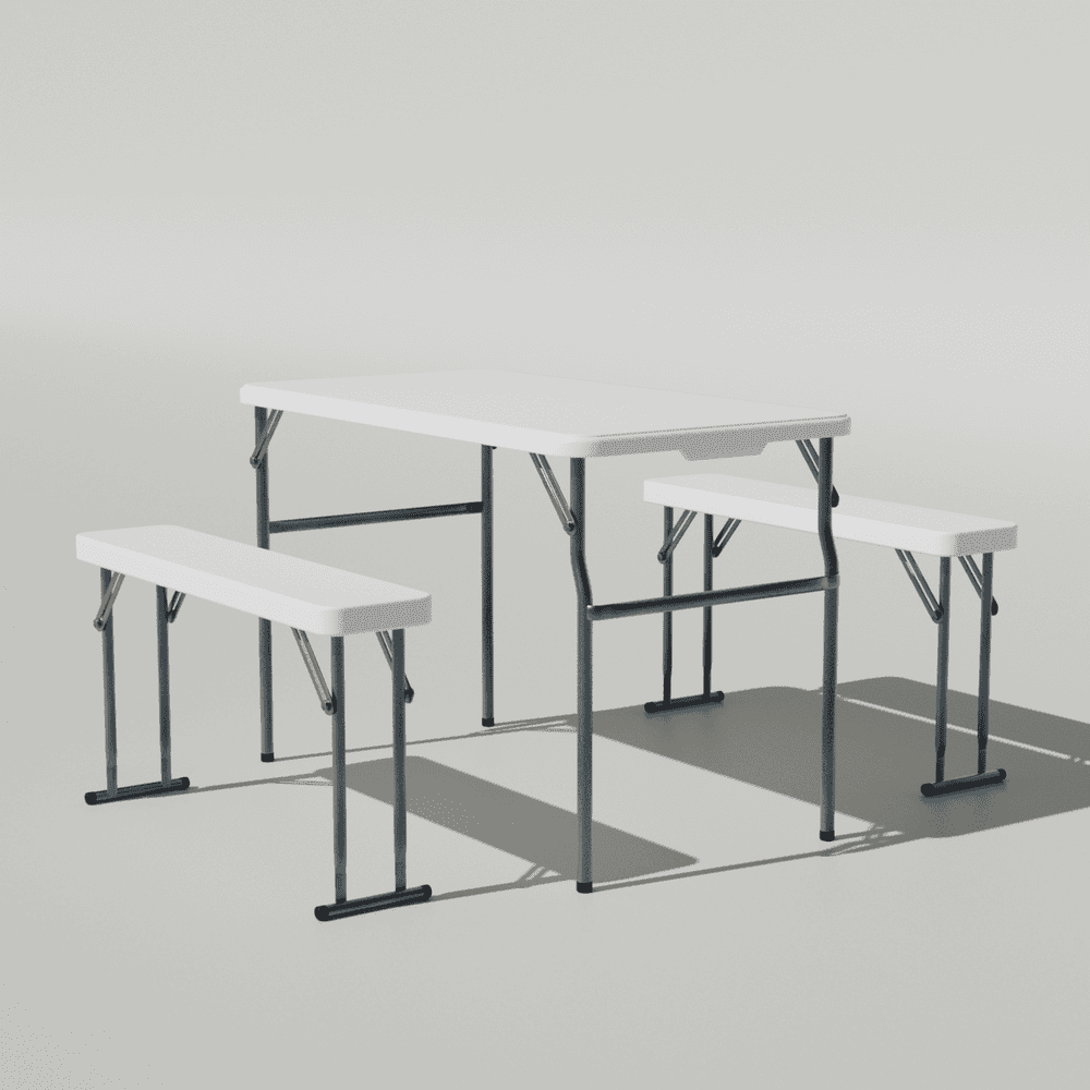 Demifill Picnic Table Set with 2 Benches and Smooth Tabletop, 6 Feet Camping Table Chair Set, 3-Piece Folding Furniture for Indoor or Outdoor Use, White Demifill Picnic Table Set with 2 Benches and Smooth Tabletop, 6 Feet Camping Table Chair Set, 3-Piece Folding Furniture for Indoor or Outdoor Use, White