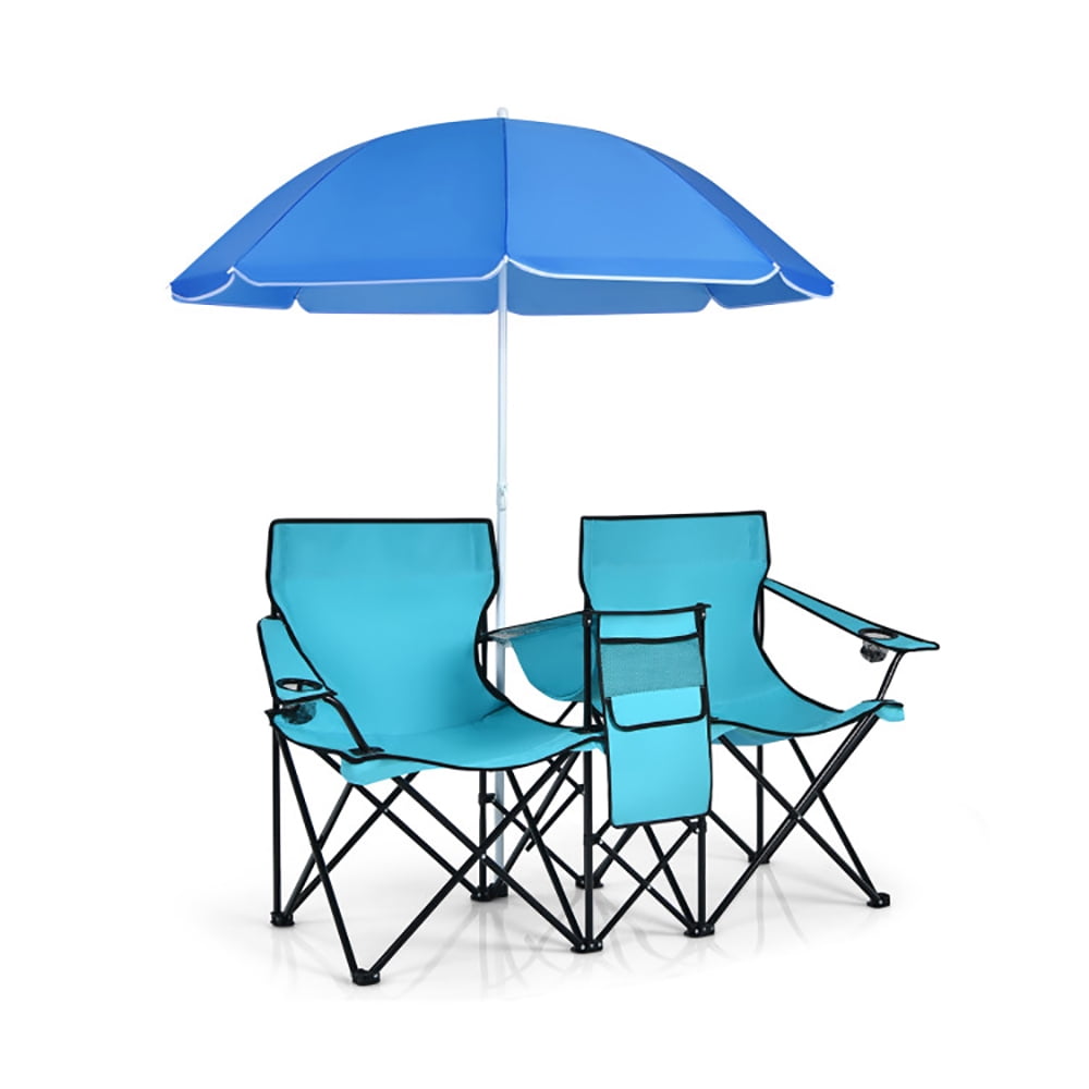 Kibhous Outdoor Foldable Picnic Double Chair Camping Chairs Umbrella Camping Double Portable Chairs Folding Beach Chair Insulation Bag Backpacking Bl