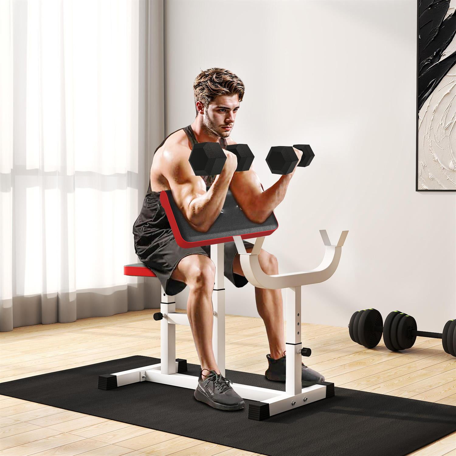 Demifill Preacher Curl Bench - White, 265 LBS Capacity, Adjustable Seated Arm Isolated Barbell Dumbbell Bicep Strength Training Station