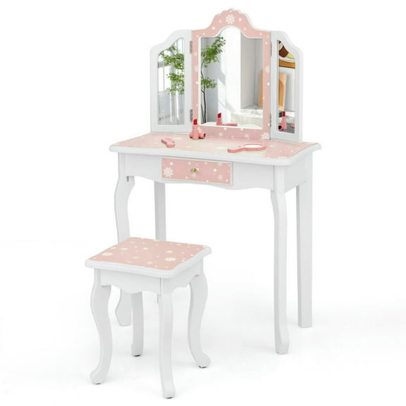 Demifill Princess Pretend Play Makeup Table and Stool Set with Tri-folding Mirror, Kid-Sized Vanity Set with Sturdy Construction, Kid-Sized Vanity Set for Indoor, Pink