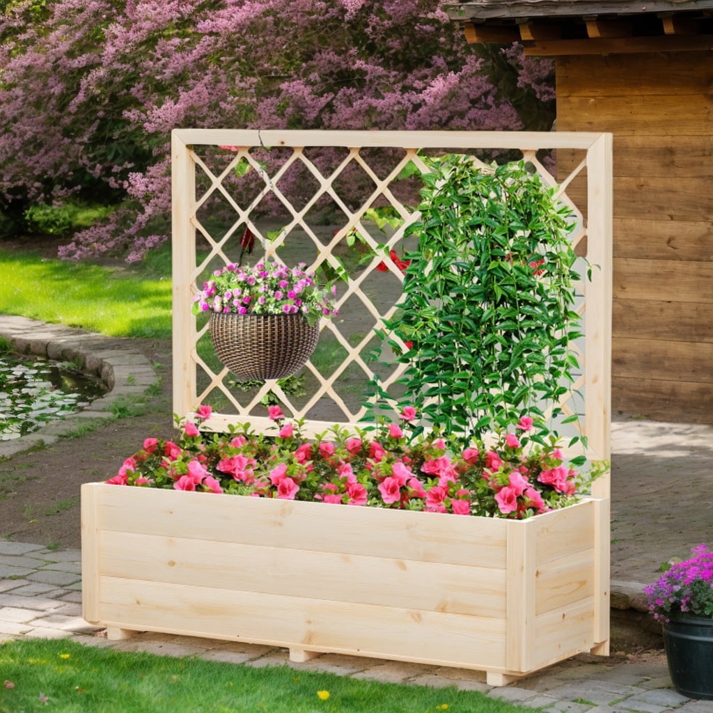 Demifill Raised Garden Bed with Lattice Trellis-L, Wooden Elevated Planter Box for Outdoor as Garden, Backyard, Porch, Brown