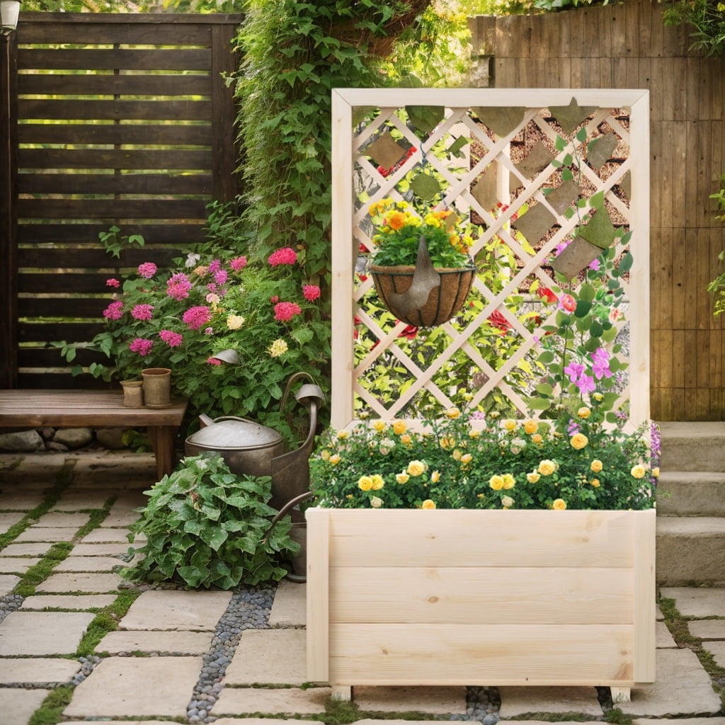 Demifill Raised Garden Bed with Lattice Trellis-S, Wooden Elevated Planter Box for Outdoor as Garden, Backyard, Porch, Brown