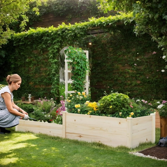 Demifill Raised Garden Bed with Trellis, 87 Inch Wooden Elevated Planter with 2 Planter Boxes for Outdoor as Garden, Backyard, Porch, Natural