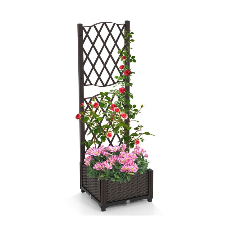 Demifill Raised Garden Bed with Trellis Planter Box for Climbing Plants, 16 inch Length Raised Garden Beds, Brown